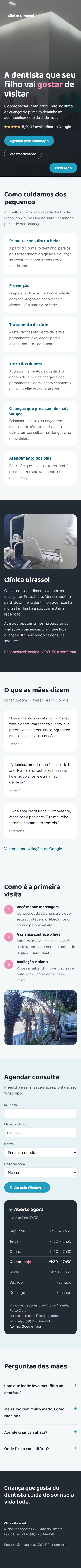 Exemplo de site para dentista infantil, no celular