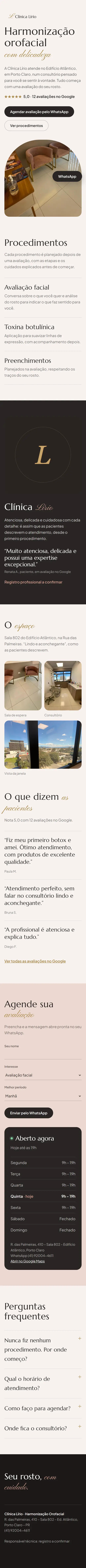 Exemplo de site para clínica de harmonização orofacial, no celular